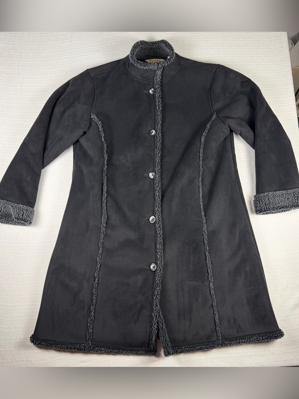 LL Bean Faux Suede Sherpa Lined Coat Size M Petite Black